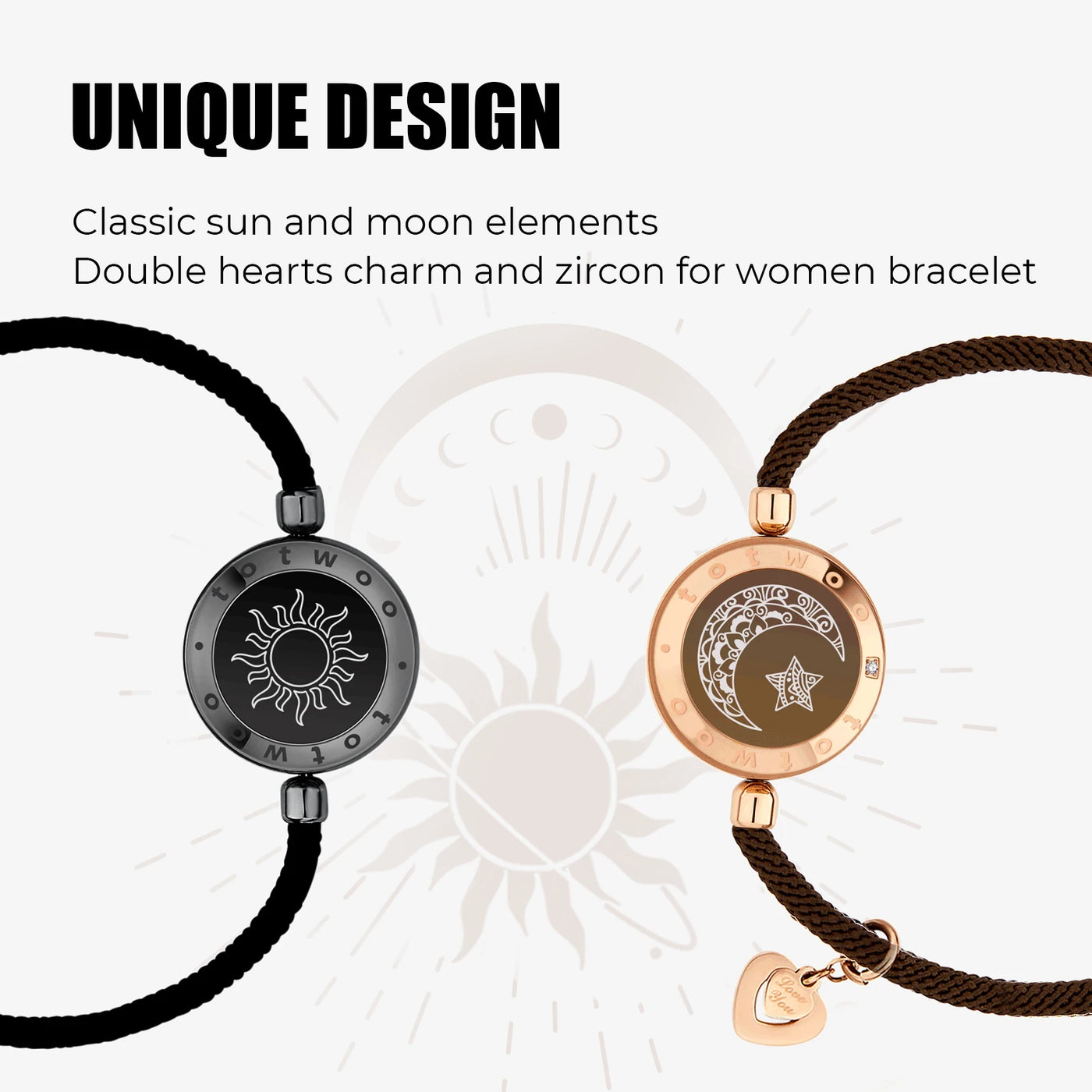 Sun&Moon Touch Bracelets with Figaro Chain (Black+Silver)